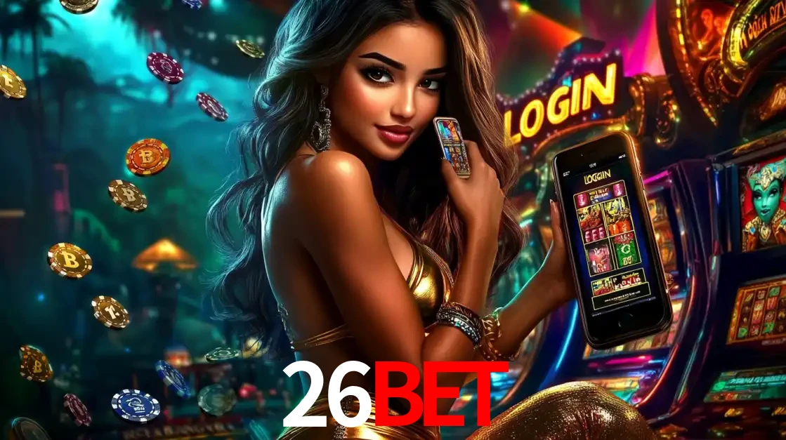 Mulher em um cenário de cassino temático de aventura, mostrando o app de caça-níqueis da 26bet no celular. Fichas de apostas flutuam ao redor.